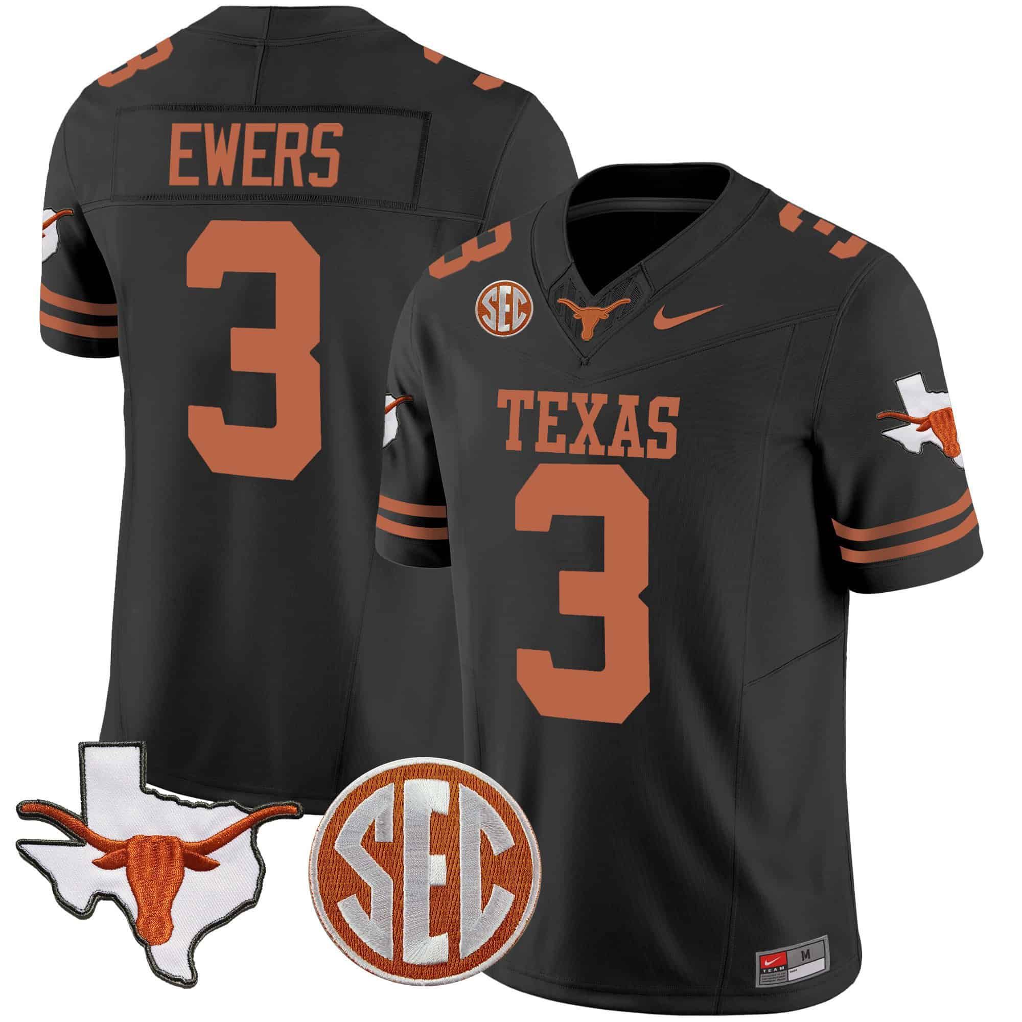 Men Texas Longhorns 3 Ewers Black 2024 Nike State Map & SEC Patch Vapor NCAA Jersey style 1